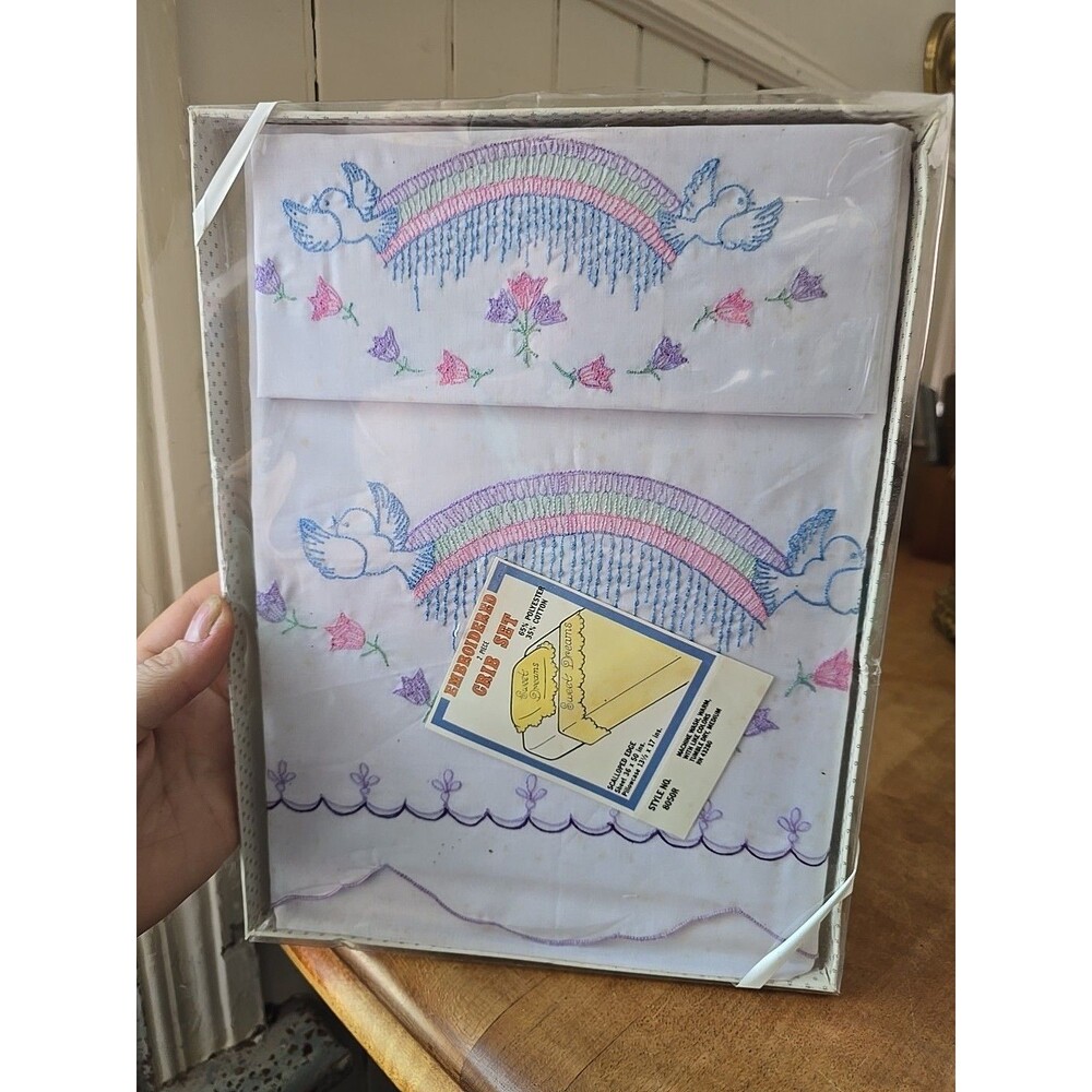 Vintage White Embroidered Sheet & Pillowcase Crib Set in Box Baby Nursery